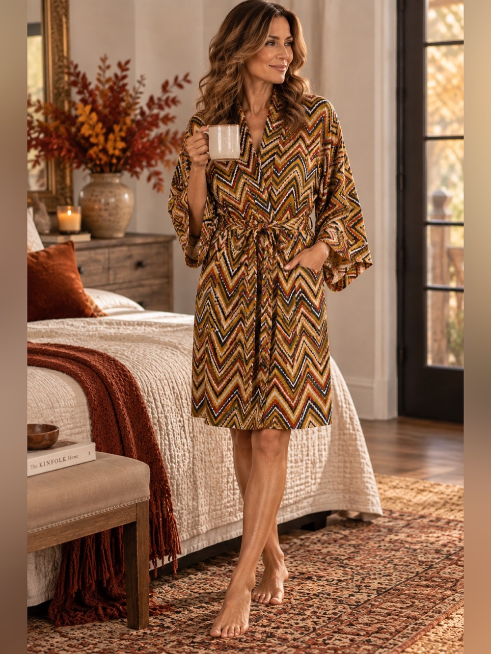 Silk Chevron Print Belted Kimono Sleeve Boho Robe or Duster.  One Size